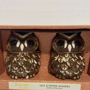 Owl Salt And Pepper Shakers New Stoneware 4”x 3” Brown White